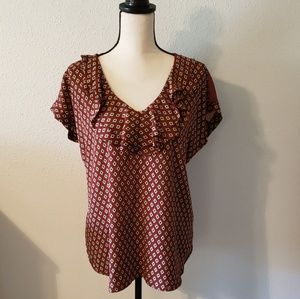 PLEIONE V Neck Rust Ruffle Top Blouse